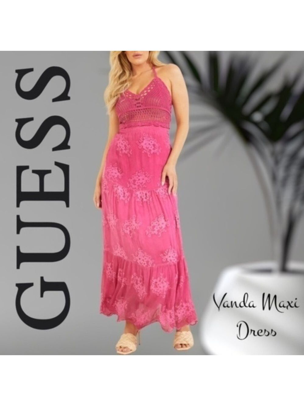 GUESS Vanda Crochet Bustier Embroidered Sheer Silk Skirt Maxi Dress NWT/MD